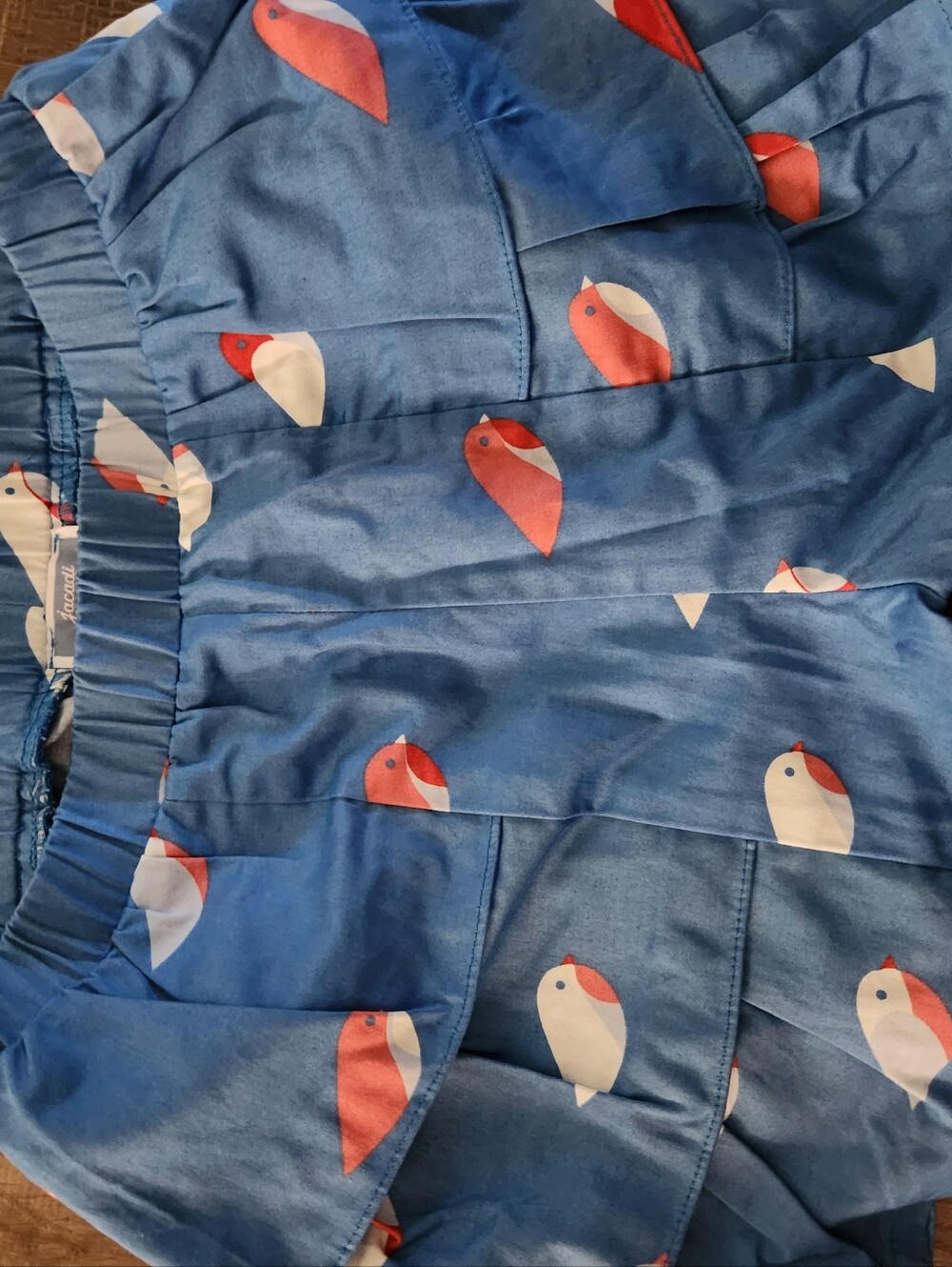 Blue Bird Print Skirt - Red & White Accents